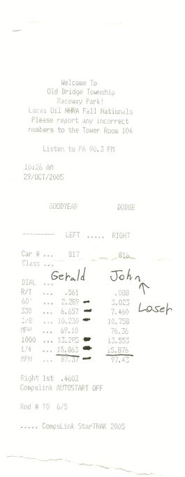 1999 Ford Crown Victoria - A drag strip time slip from Old Bridge Township Raceway Park dated 29/OCT/2005.