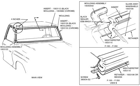1978 Ford Bronco - 1. Remove the windshield wiper arms. 2. Remove the rearview mirror and bracket. 3. Remove interior retaining brackets. 4. Loosen the weathe…