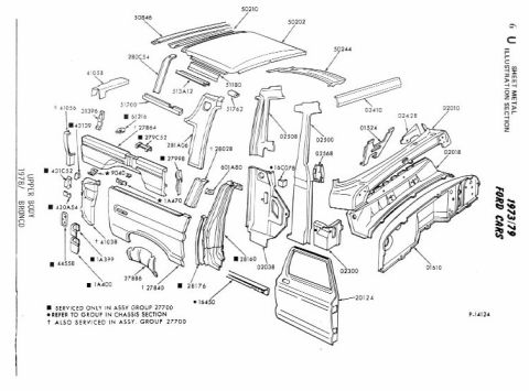1978 Ford Bronco - Exploded view diagram detailing various body panels and components for a 1978/1979 Ford Bronco.