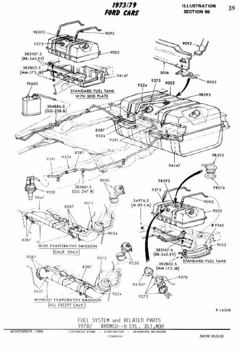 1978 Ford Bronco - Exploded view diagram of the 1978 Bronco fuel system and related parts.