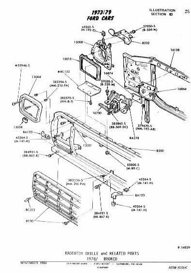 1978 Ford Bronco - Exploded view diagram detailing the radiator grille and associated components for 1978/1979 Ford Cars.