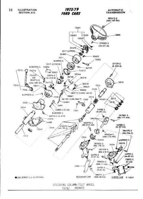 1978 Ford Bronco - Exploded diagram shows parts for the 1978 Bronco steering column tilt wheel assembly.