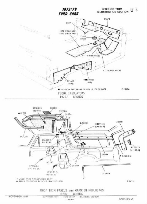1978 Ford Bronco - This diagram illustrates the interior trim components and their placement for a 1978 Ford Bronco.