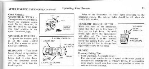 1974 Ford Bronco - Page from a Bronco owner's manual detailing operation of various controls including windshield wipers and headlights.