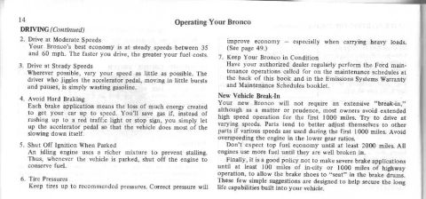 1974 Ford Bronco - This document contains operational advice for a Ford Bronco, including driving tips and break-in instructions.