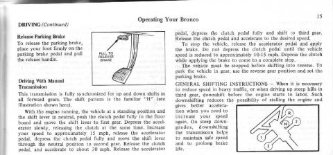 1974 Ford Bronco - This document page details driving instructions and shifting patterns for a Bronco, including diagrams.