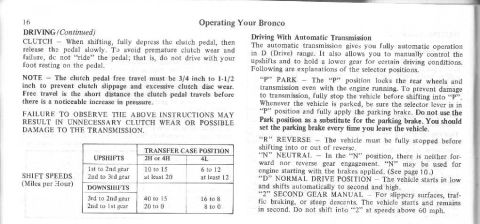 1974 Ford Bronco - This document page from a Ford Bronco owner's manual discusses clutch operation and transfer case positions.
