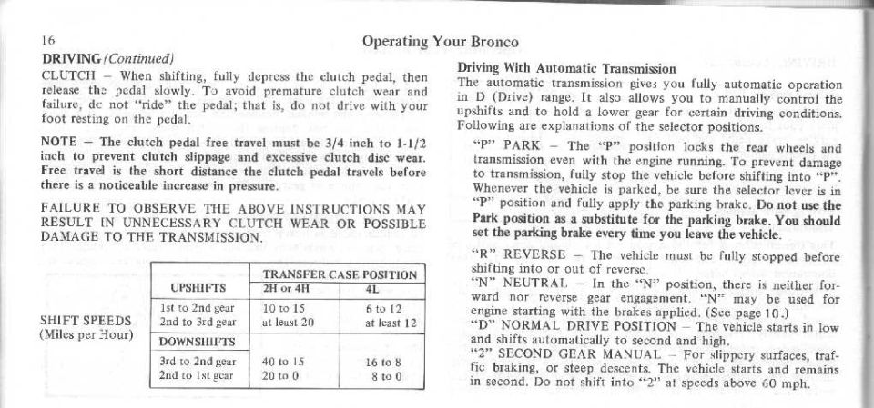 Bronco owner's manual page 16 with clutch free travel note and transfer case shift speed table