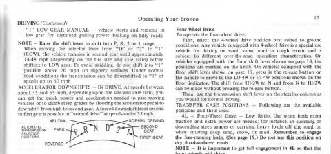 1974 Ford Bronco - This page from the 1974 Ford Bronco owner's manual explains driving techniques and four-wheel drive operation.