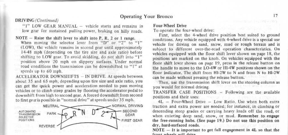 Bronco owner's manual page 17 with automatic selector positions diagram and four-wheel drive operation