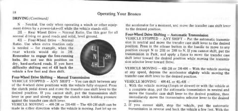 1974 Ford Bronco - This diagram illustrates the different settings for a transfer case shift lever.
