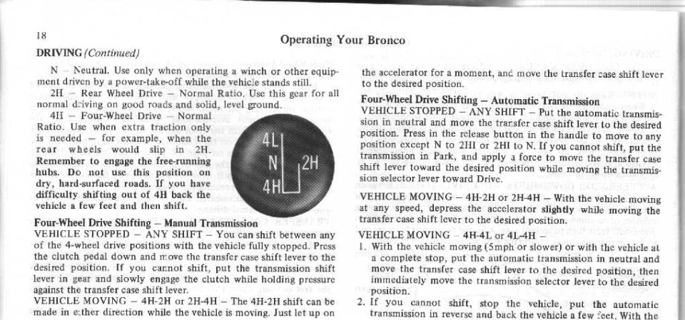 Owner manual page with driving and four-wheel-drive shifting instructions for a Bronco