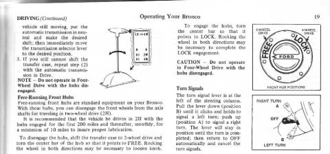 1974 Ford Bronco - This document page details operating procedures for a Ford Bronco, including hub engagement and turn signal operation.