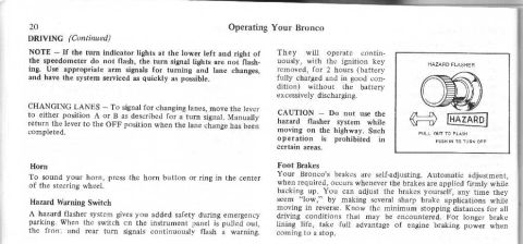 1974 Ford Bronco - This document page discusses driving, changing lanes, horn operation, hazard warning switch, and foot brakes for a Bronco.