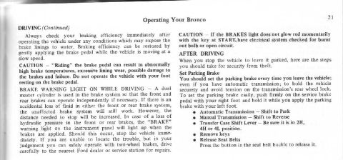 1974 Ford Bronco - Page from an owner's manual detailing driving and parking brake instructions for a Bronco.