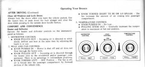 1974 Ford Bronco - This document details the operation of the Bronco's climate control system, including defroster and temperature settings.