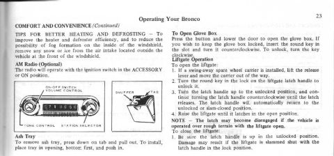 1974 Ford Bronco - This document page details comfort and convenience features for operating a Ford Bronco, including radio and liftgate instructions.