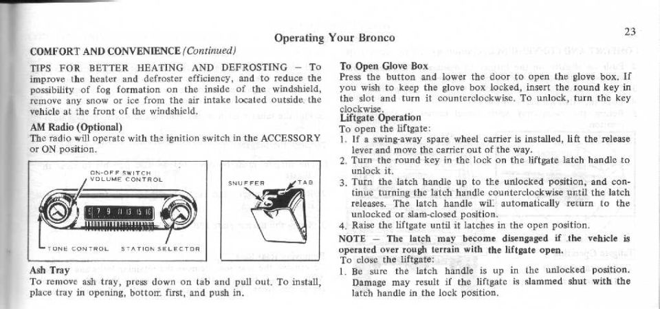 Bronco owner's manual page 23 with AM radio controls, ash tray, glove box and liftgate operation
