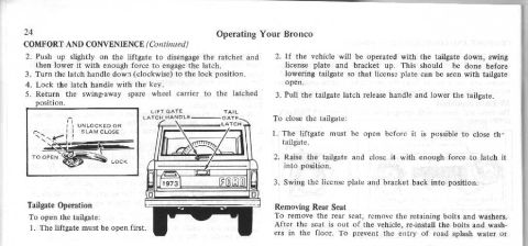 1974 Ford Bronco - Diagram illustrating the tailgate operation and rear seat removal for a 1973 Ford Bronco.
