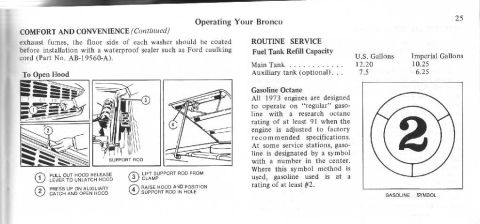 1974 Ford Bronco - Operating instructions for opening the hood of a Bronco, including routine service information.
