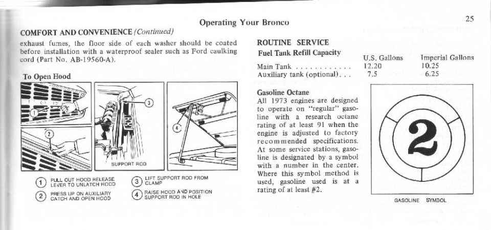 Owner manual page on opening the hood, fuel tank capacities and gasoline octane rating