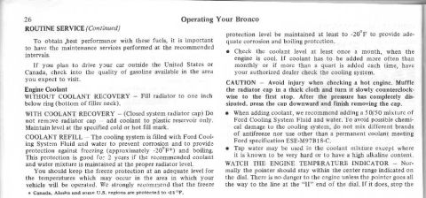 1974 Ford Bronco - This document page discusses routine service and engine coolant for a Ford Bronco.