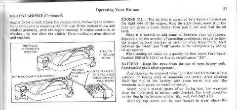 1974 Ford Bronco - This document page details routine service for a Ford Bronco, including radiator system diagrams and maintenance tips.