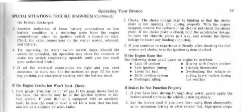 1974 Ford Bronco - This page from the 1974 Ford Bronco owners manual covers troubleshooting for starting issues and overheating.