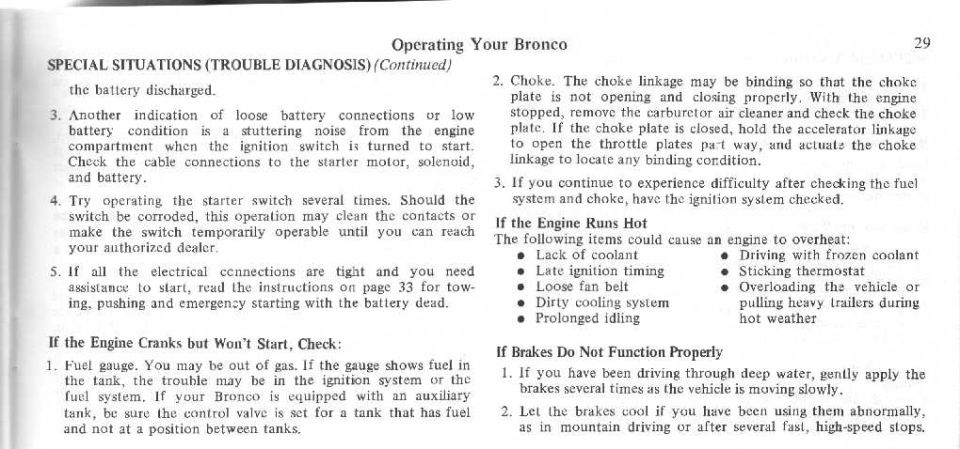 Bronco owner's manual page 29 troubleshooting no-start, overheating and brake problems