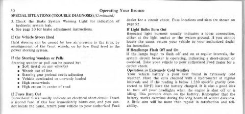 1974 Ford Bronco - Operating Your Bronco manual page details troubleshooting for steering and electrical issues.