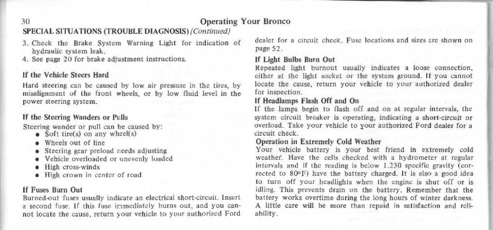 Ford Bronco owner manual trouble diagnosis steering fuses cold weather page 30