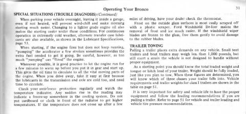 1974 Ford Bronco - This document page from a Ford Bronco owner's manual covers troubleshooting and towing information.