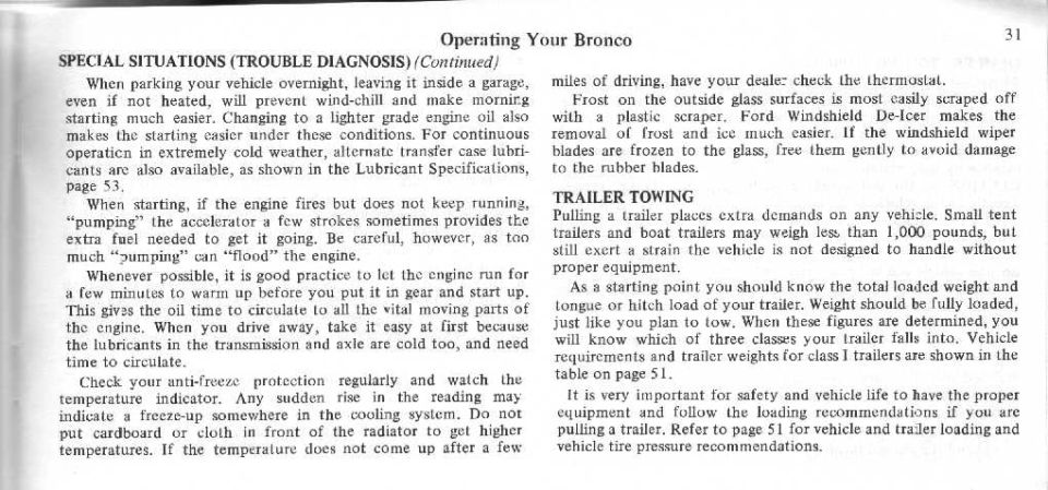 Bronco owner's manual page 31 on cold weather starting tips and trailer towing basics