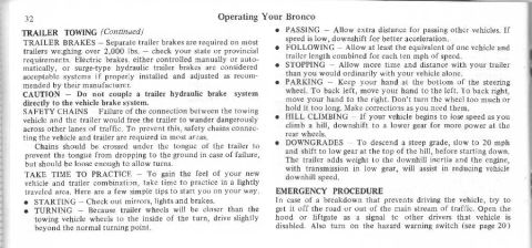 1974 Ford Bronco - This document page details trailer towing and emergency procedures for operating a Bronco.