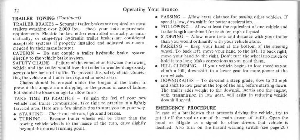Bronco owner's manual page 32 on trailer brakes, safety chains, towing tips and emergency procedure