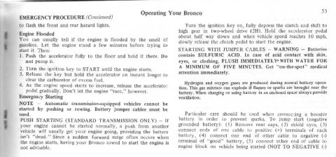 1974 Ford Bronco - This document page details emergency procedures and instructions for starting a vehicle, including jump-starting.
