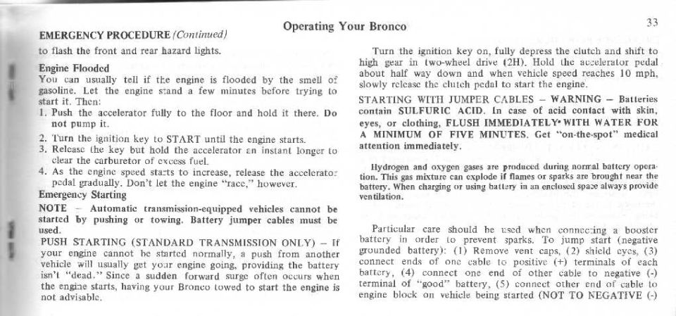 Bronco owner's manual page 33 on flooded engine, push starting and jumper cable warnings