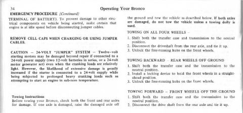 1974 Ford Bronco - Owner's manual page explains how to tow a Bronco with different wheel configurations.