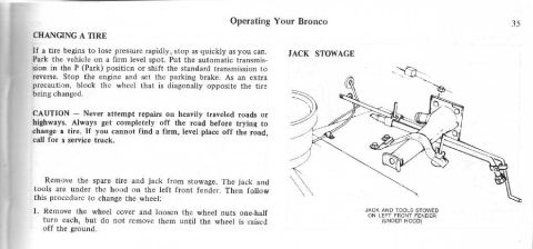 1974 Ford Bronco - This document page details tire changing procedures and jack stowage for a Ford Bronco.