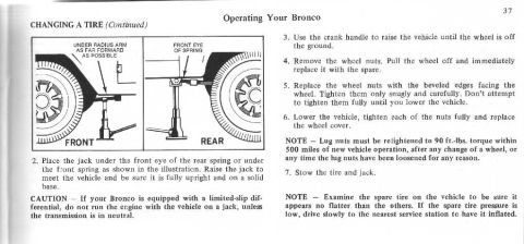 1974 Ford Bronco - Owner's manual page showing front and rear jack placement figures with step-by-step tire-changing instructions.