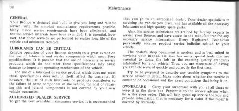 1974 Ford Bronco - This document details maintenance, lubricants, and authorized dealer service for a vehicle.