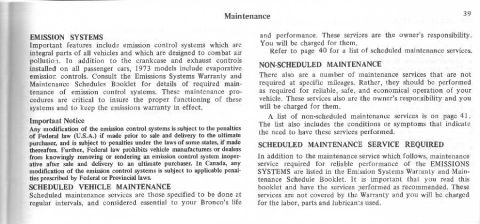 1974 Ford Bronco - This document page details maintenance procedures for vehicles, including emission systems and scheduled services.
