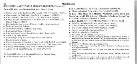 1974 Ford Bronco - This document outlines scheduled maintenance for a vehicle, including service intervals and specific checks.