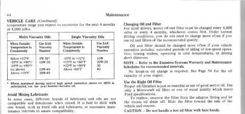 1974 Ford Bronco - This document details vehicle maintenance, including oil viscosity recommendations and filter replacement procedures.