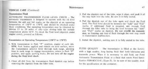1974 Ford Bronco - This document page from a maintenance manual discusses transmission fluid level checks and quality for a vehicle.