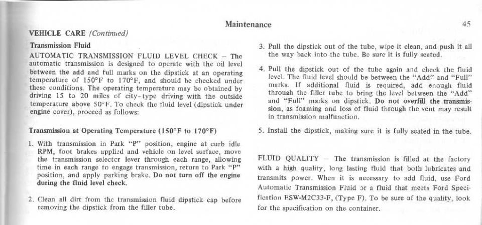 Bronco owner's manual page 45 automatic transmission fluid level check steps at 150F to 170F