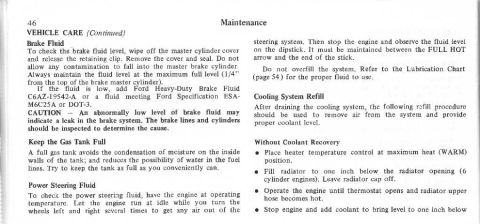 1974 Ford Bronco - This document page covers brake fluid, gas tank, and power steering fluid checks, plus cooling system refill instructions.