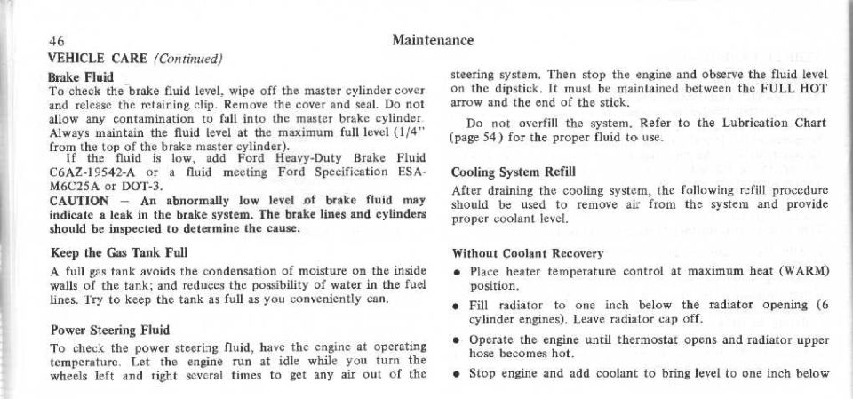 Bronco owner's manual page 46 brake fluid, fuel tank, power steering fluid and cooling system refill