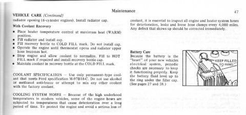 1974 Ford Bronco - This document page details vehicle maintenance, including coolant specifications and battery care instructions.