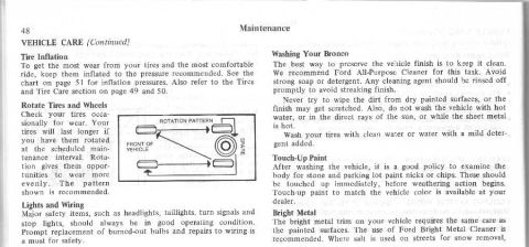 1974 Ford Bronco - This document discusses vehicle care, including tire inflation, rotation, washing, touch-up paint, and bright metal trim.